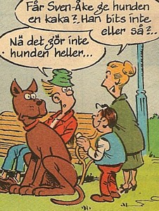 Uti vår hage av Krister Petersson - Bits hunden? (KP 9 (?)): En kvinna frågar Faló om hennes son får ge hunden en kaka.