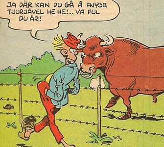 Uti vår hage av Krister Petersson - Tjuren i hagen (KP 26): Faló retar upp en tjur på andra sidan ett elstängsel. 