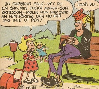 Uti vår hage av Krister Petersson - Dockoperation (KRI 58): En liten flicka berättar för Faló att hennes docka Maria-Sofie Brittsson-Molin har svalt en femtioöring och nu får hon inte ut den.