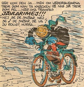 Uti vår hage av Krister Petersson - Cykla i oväder (KRI 73): Faló är ute och cyklar då det plötsligt blir ett riktigt snöoväder. Men Faló tänker inte låta vädergudarna besegra honom!