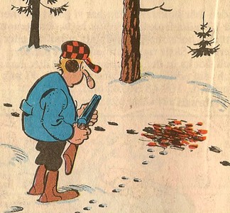 Uti vår hage av Krister Petersson - Spår (KRI 90): En man är ute på jakt i snön och följer några olika spår.