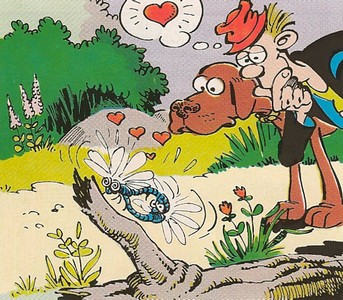Uti vår hage av Krister Petersson - Ett störningsmoment (KRI 78): Faló bevittnar en kärleksstund mellan två trollsländor.