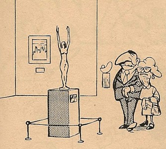Uti vår hage av Krister Petersson - En ovanligt välgjord skulptur (): Ett äldre par är på museum och tanten frågar sin gubbe vad en skulptur är av för material.
