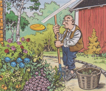 Uti vår hage av Krister Petersson - Tur med förstående grannar (KRI 408): Faló kastar frisbee med Brunte och den råkar hamna inne hos Stryp-Enok där Brunte drog runt på en runda i hans blomsterrabatt.