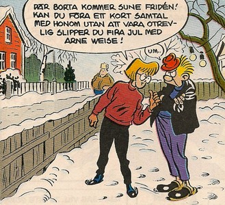 Uti vår hage av Krister Petersson - Bright christmas (KRI 195): Faló och Yvette är ute i trädgården en vinterdag och Yvette tycker han var otrevlig mot en förbipasserande och tvingar honom att vara trevlig mot Sune Fridén som är på ingång om han inte vill fira jul med Arne Weise.