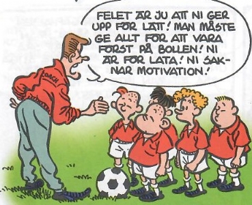 Uti vår hage av Krister Petersson - Omotiverade fotbollsspelare (VåP 89-1): Napoleons fotbollstränare tycker att killarna ger upp för lätt, man måste ge allt för att vara först på bollen. De är inte tillräckligt motiverade.
